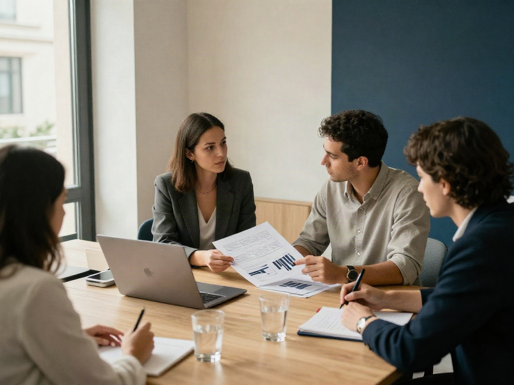 Consultants discussing business performance charts during a collaborative strategy review